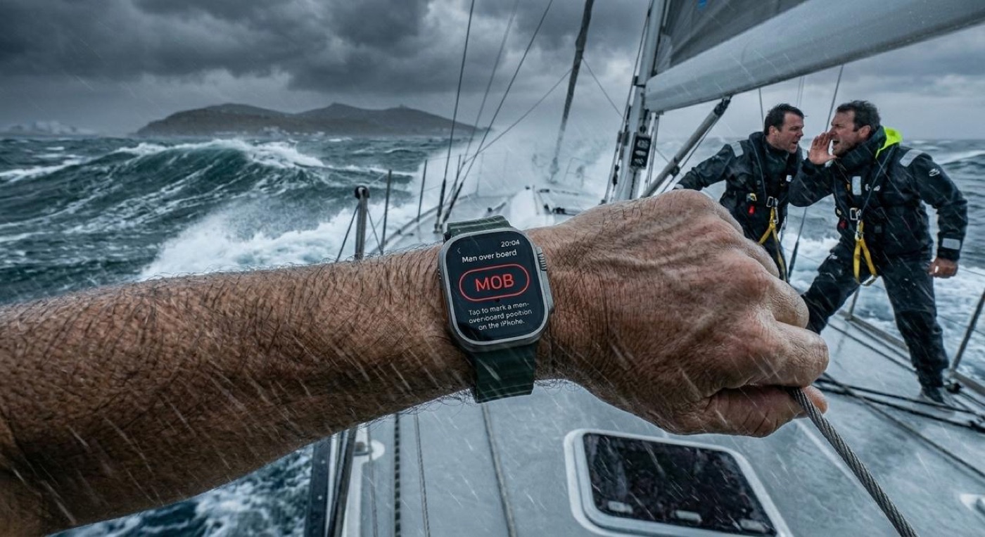 Apple Watch on a sailor's wrist displaying the Sailing Companion Man Overboard screen, with two crew members on deck in rough seas.