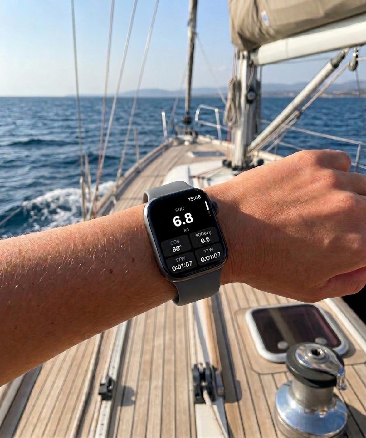 Apple Watch on a sailor's wrist at the helm, showing the Sailing Companion cockpit tiles with SOG, COG, HDG and TTW — bright sunlight, no need to reach for the phone.