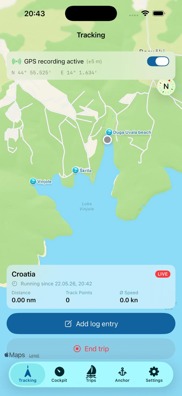 Live tracking tab showing map and trip statistics