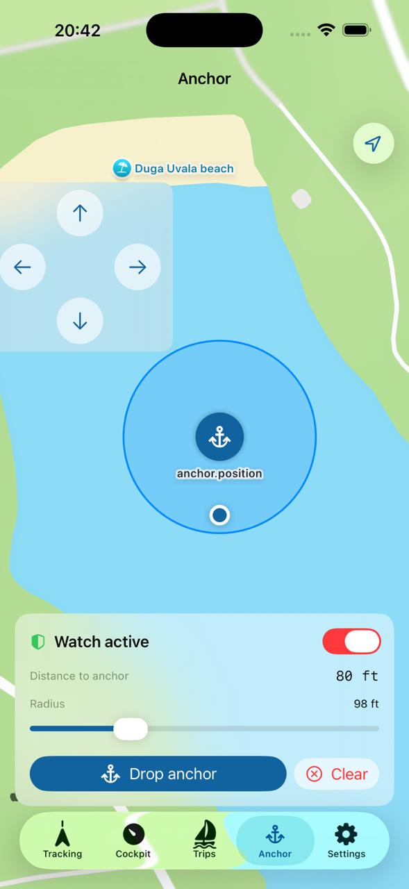 Anchor alarm tab with map, anchor marker and radius circle